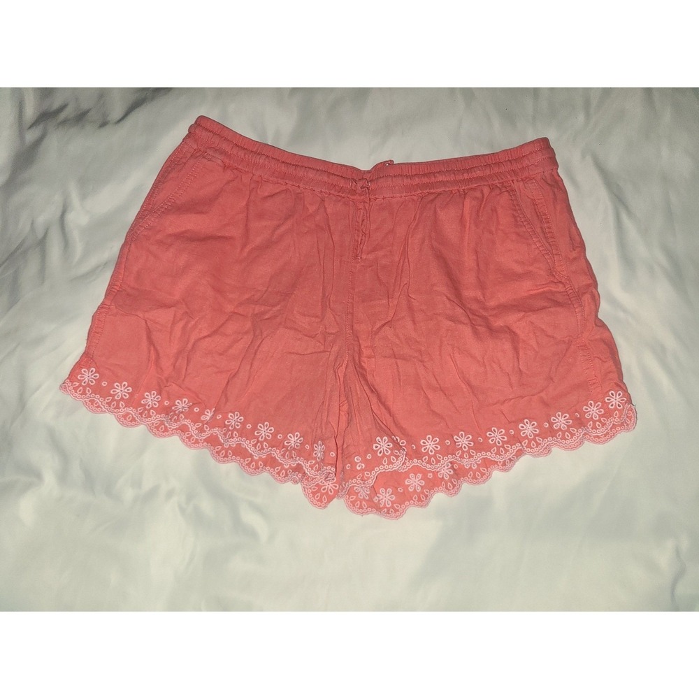 J.Crew Womens Coral Pink Linen Eyelet Embroidered Scallop Hem Shorts Size Large